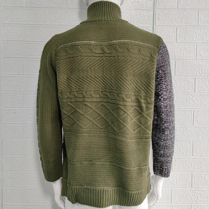 Men's Plus Size Color Block Buckle Knit Cardigan - High-Neck Long Sleeve Sweater for Autumn/Winter