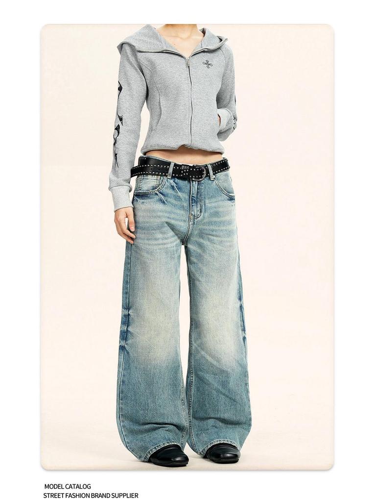 Yongfang Unisex Retro Washed Blue Distressed Wide-Leg Jeans