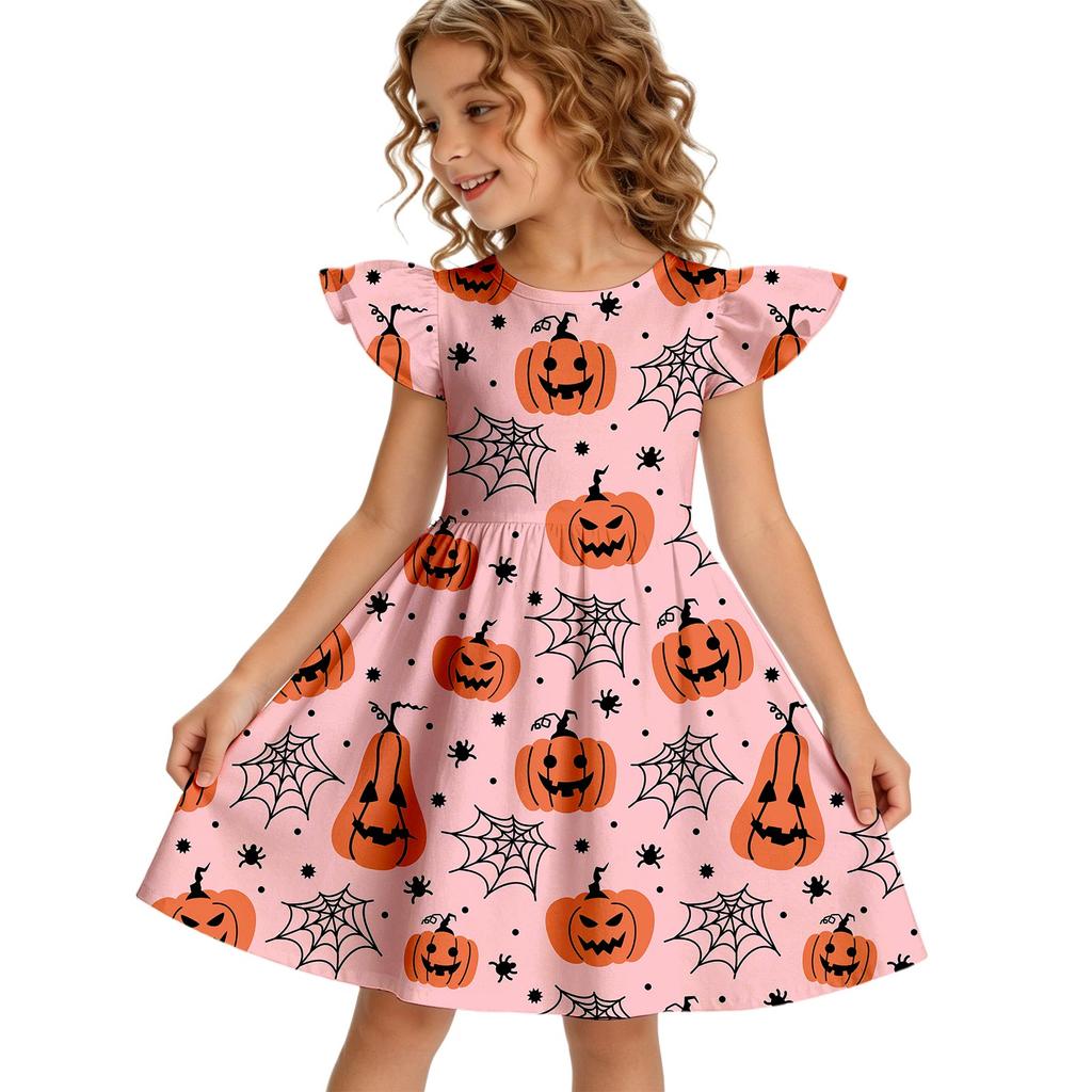 Girls Halloween Dress with Ruffled Hem and Sleeves - Casual Round Neck Toddler Dress for Fall Party