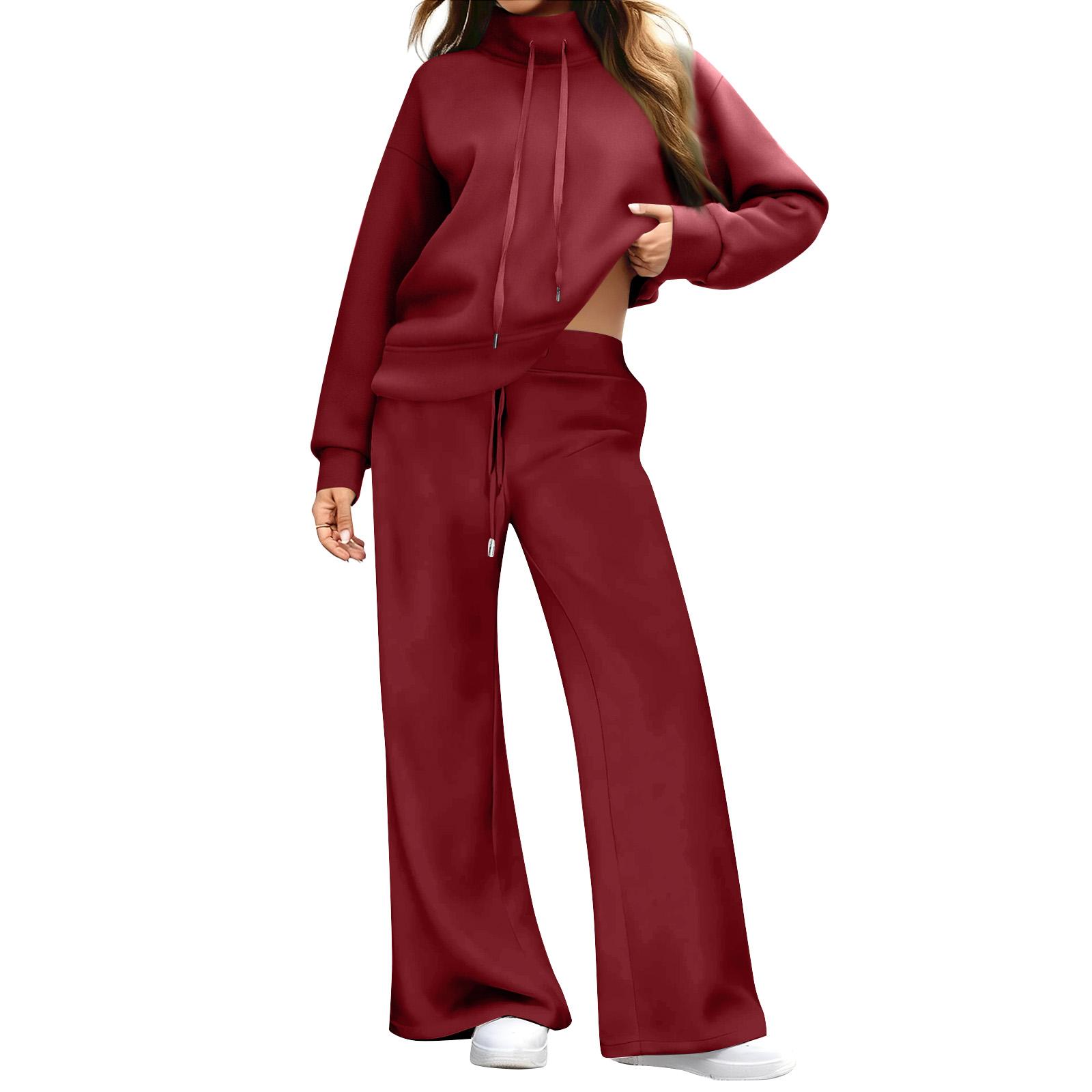 

Women s Casual Sportswear Two-piece Set, Drawstring Sport Shirt And Wide-leg Sport Pants, Sportswear XL винний