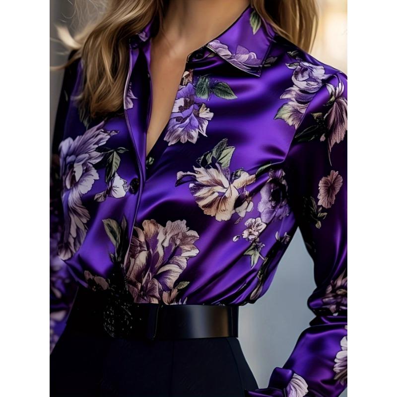Elegant Intellectual Women's Satin Floral Print Shirt | Soft & Smooth O-Neck Long-Sleeve Button Formal Top for Spring