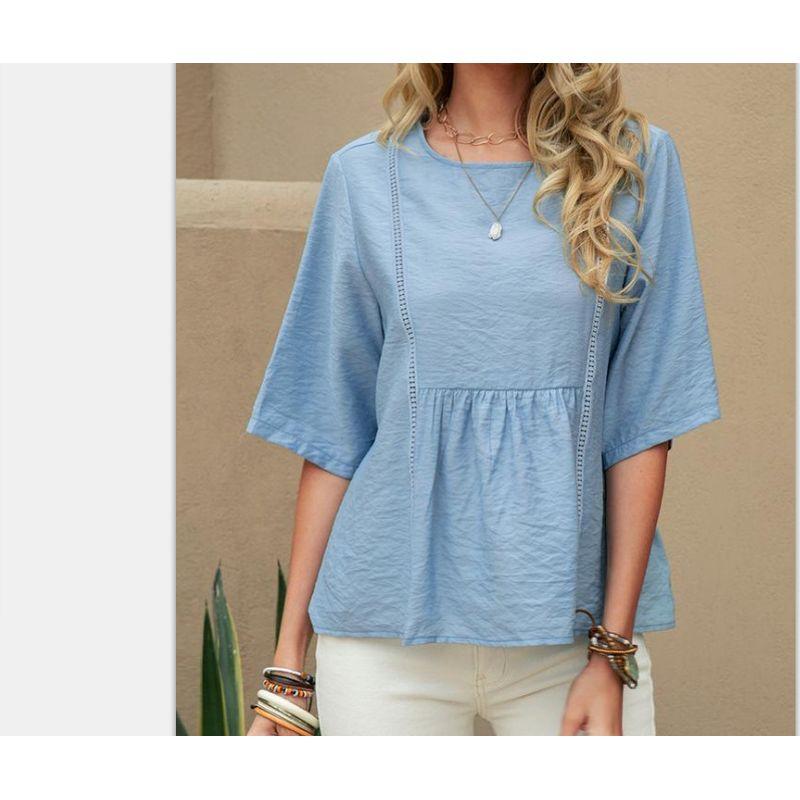 

Lace and Hollow-out Mid-Sleeve Top Loose Lace Hollow out Half Sleeve Top Women Light Blue XXL
