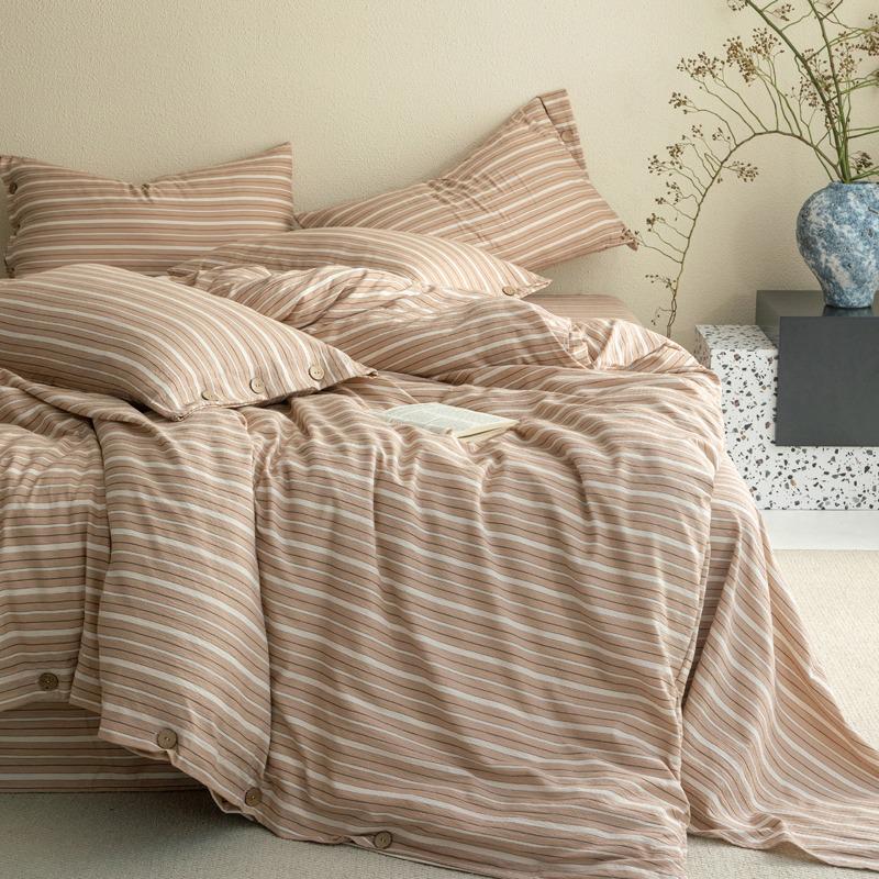 Double-Layer Plaid Bedding Set: All-Season Button-Down Stripe Duvet Cover, Student Dorm Bed Sheet, 3-Piece Set