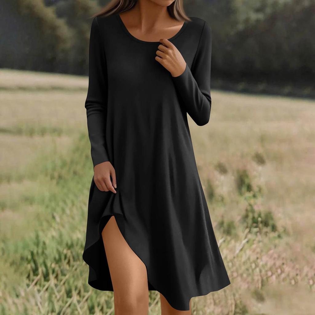 Long  Sleeve Dress For Women Casual Loose Fit Solid Dress With Pockets