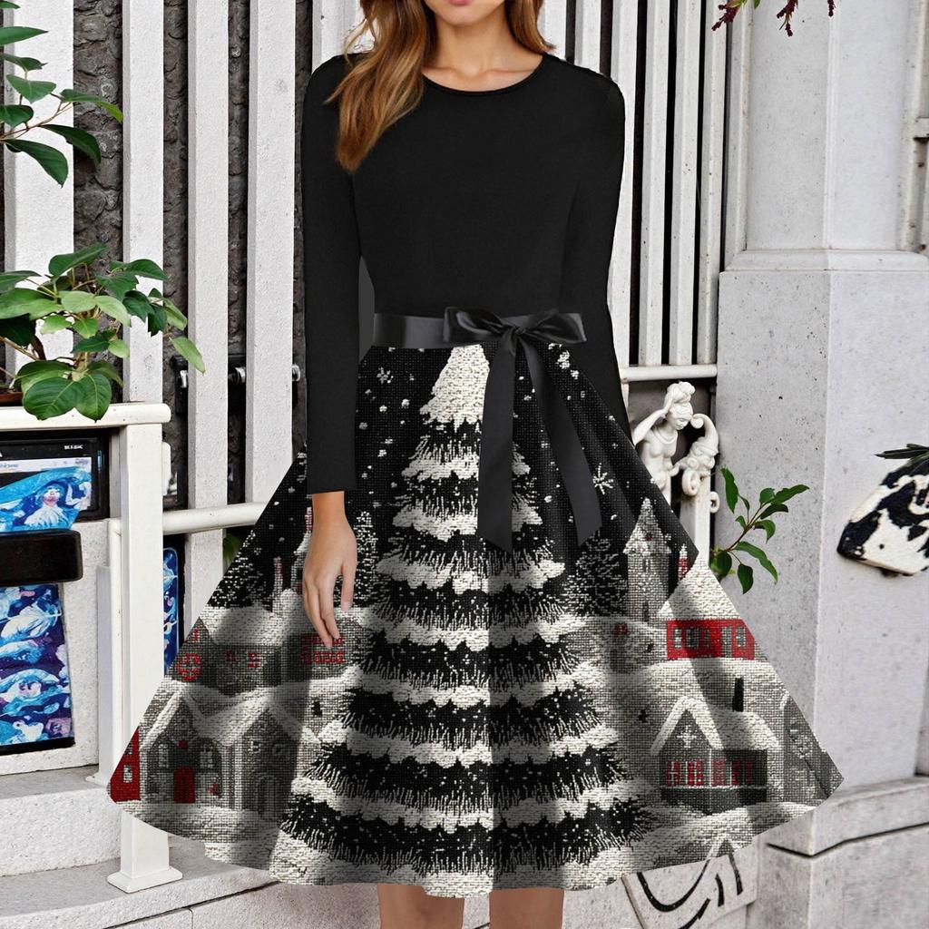 Women's Fashion Round Neck Slim-Fit Christmas Print Long-Sleeved Dress