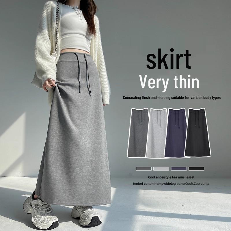 Women's Gray High Waist A-line Midi Skirt - Autumn Sporty Style with Straight Slit and Draping