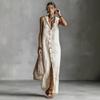 Women Sleeveless Hooded Button Front Side Slit Maxi Dress Solid Beige