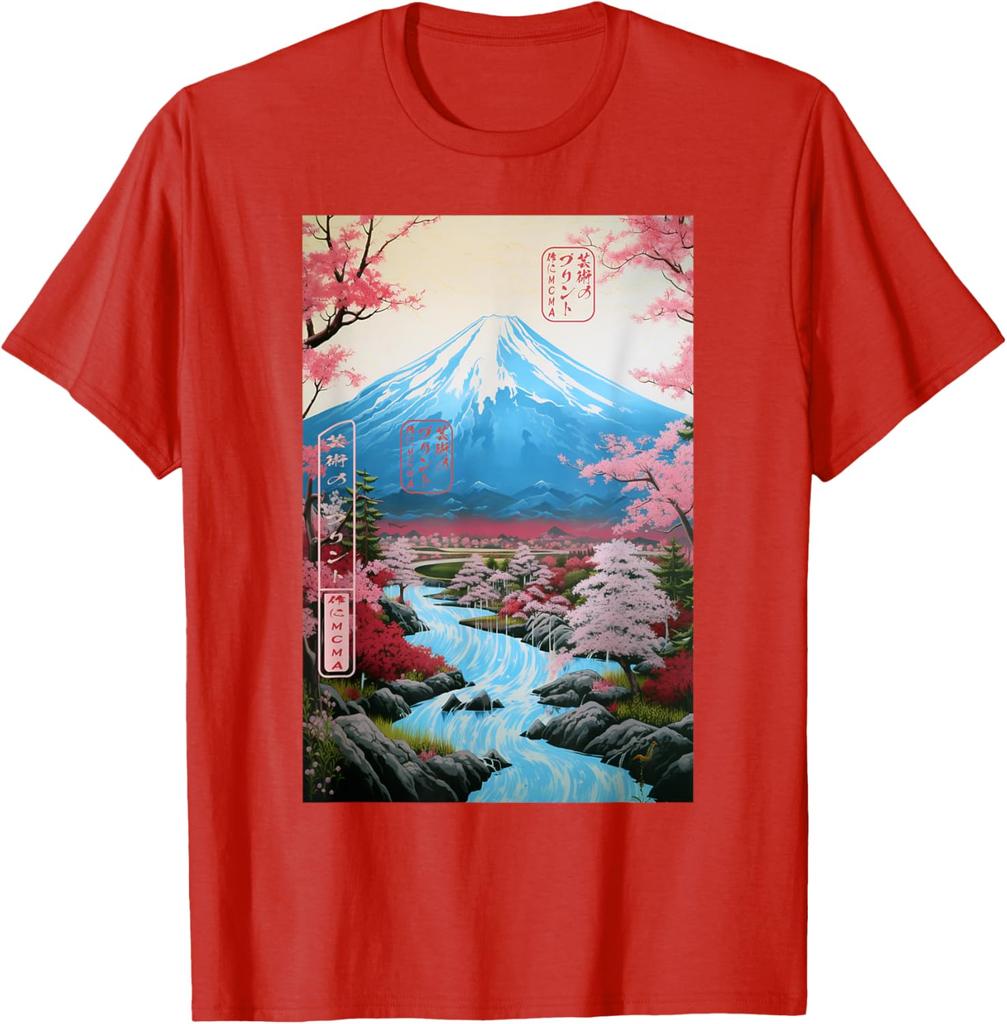 Mount Fuji Ukiyoe Cherry Blossom Graphic TShirt Soft Cotton Casual Short Sleeve Tee for Men