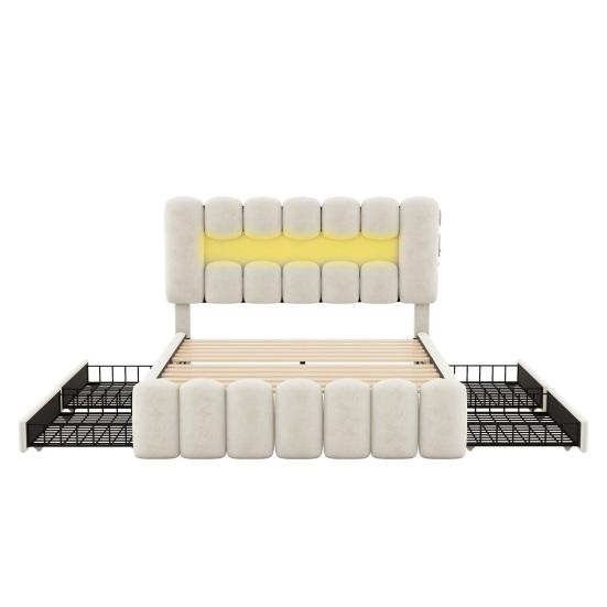 140 X 200cm Large Storage Capacity Upholstered Bed with LED Light Strip USB 4 Drawers Headboard Ergonomic Design Velvet Cover Teen Bed Home