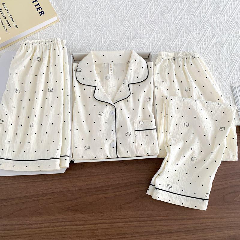 Summer Women's Three-Piece Pajama Set: Cardigan, Short Sleeve Top, Shorts, and Long Pants - Lightweight and Cute for Home or Outdoor Wear