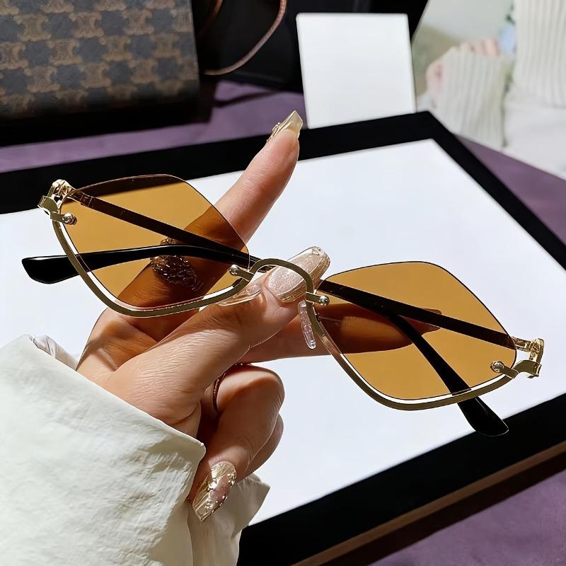 Metal Women s Minimalist Trendy Sunglasses Men s New Half Frame Diamond Shaped Sunglasses Small Frame Outdoor Sunglasses