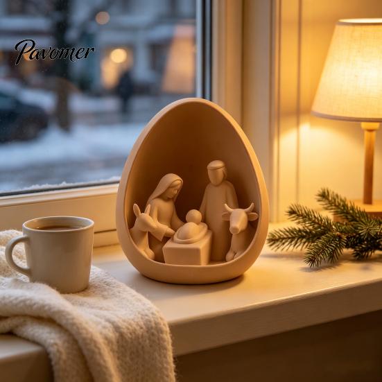 Desktop Decorative Ornament 3D Printed Egg‑Shaped Nativity Scene Figurine, Holy Family Manger Durable PLA Plastic Sculpture Decor, Minimalist