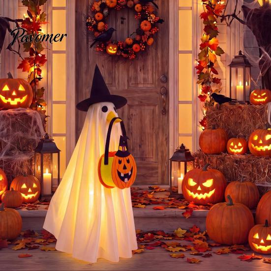 Easy to Wear Halloween Set Glowing Ghost Costume with Witch Hat & Pumpkin Tote Bag, LED Reusable Festival Clothing Light Up Fabric Outfit for