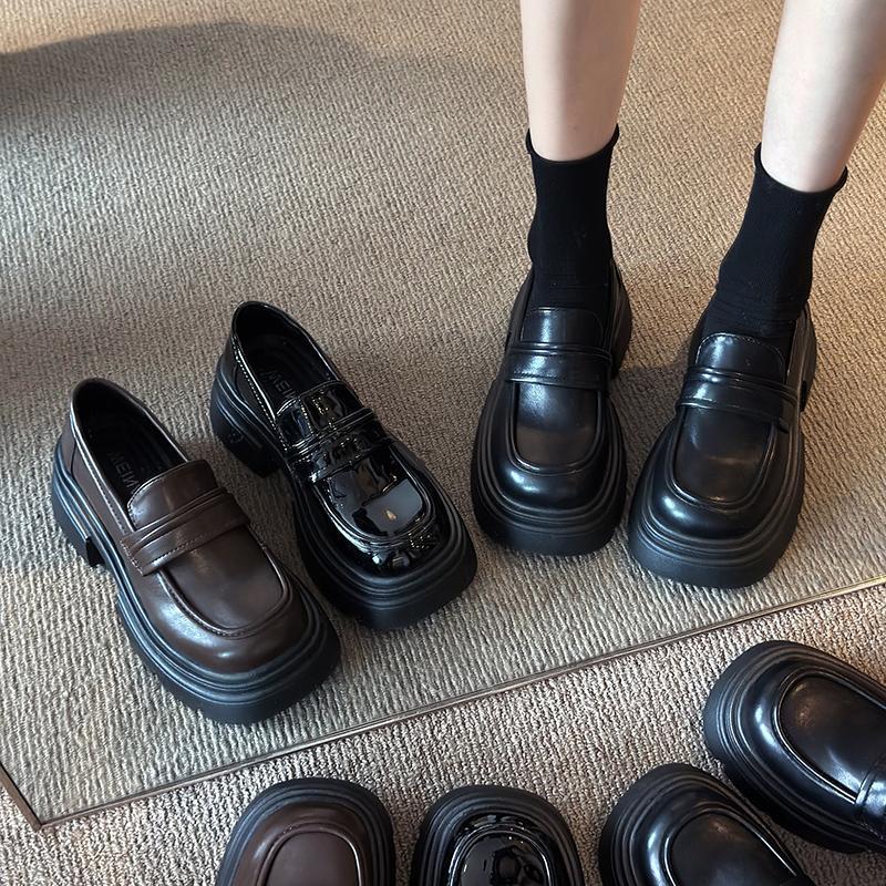 Platform Thick Heel British Style Small Leather Shoes Women's 2025 New Spring and Autumn One-pedal Single Shoes Black Versatile Loafers