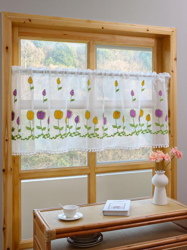 Small Flower Embroidery Hairball Short Curtain Kitchen Living Room Cabinet Blockout Partition Curtain Tulle Small Curtains