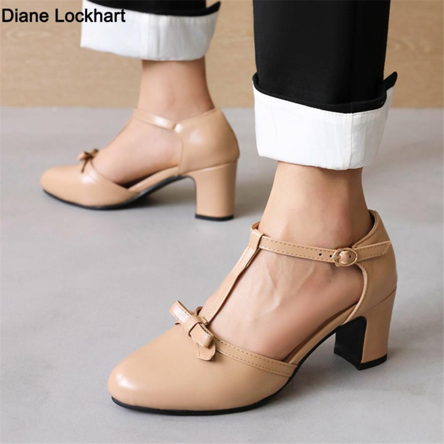 Fashion 2025 Women High Heels Spring Mary Jane Low High-heeled Shoes Ladies Buckle Round Head Shoes Brown Yellow Apricot Large Size34-43