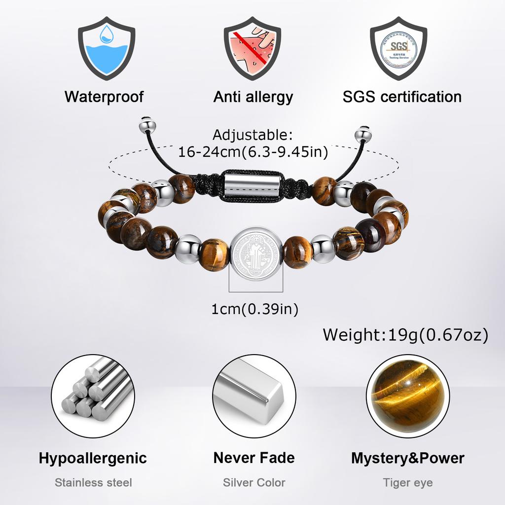 Benediktiner Perlenarmbänder für Männer Jungen, Verstellbares Edelstahl Armband mit runden Anhängern, Christlicher Religiöser Schmuck Geschenk