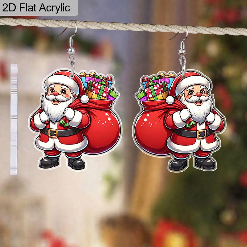 2D Flat Christmas Festival Colorful Cartoon Santa Painting Earring Claus for Christmas Jewelry for Women Female
