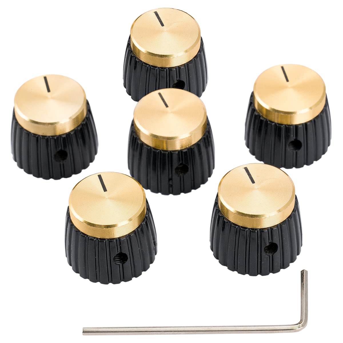 

Musiclily Pro Amp Knobs, Side-Threaded Push-On Knobs for Marshall-Style Amplifiers, Black/Gold Aluminum Tops (Set of 6)