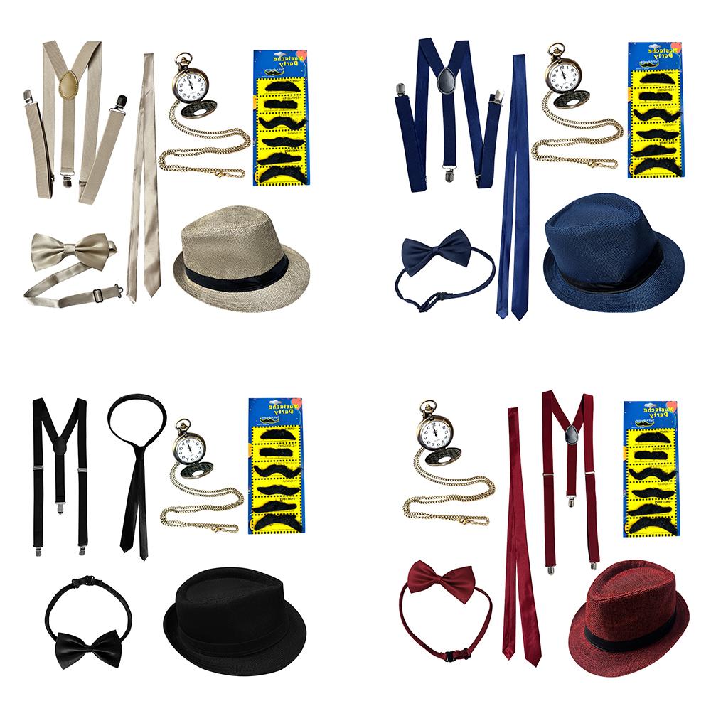 1920s Gangster Style Accessory Set - Vintage Gentleman Fedora, Suspender, Pocket Watch & Mustache Combo