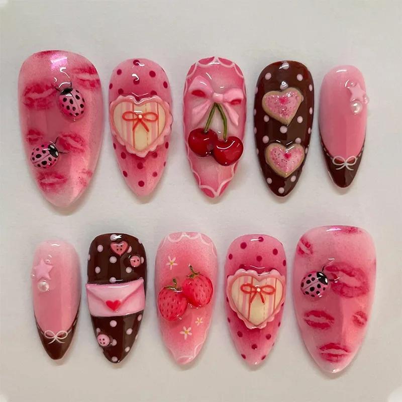 24PCS Charming Almond Fake Nail Colored Pottery with Seastar Insects Design Press on Nail Full Cover Wearable Manicure Nail Tips