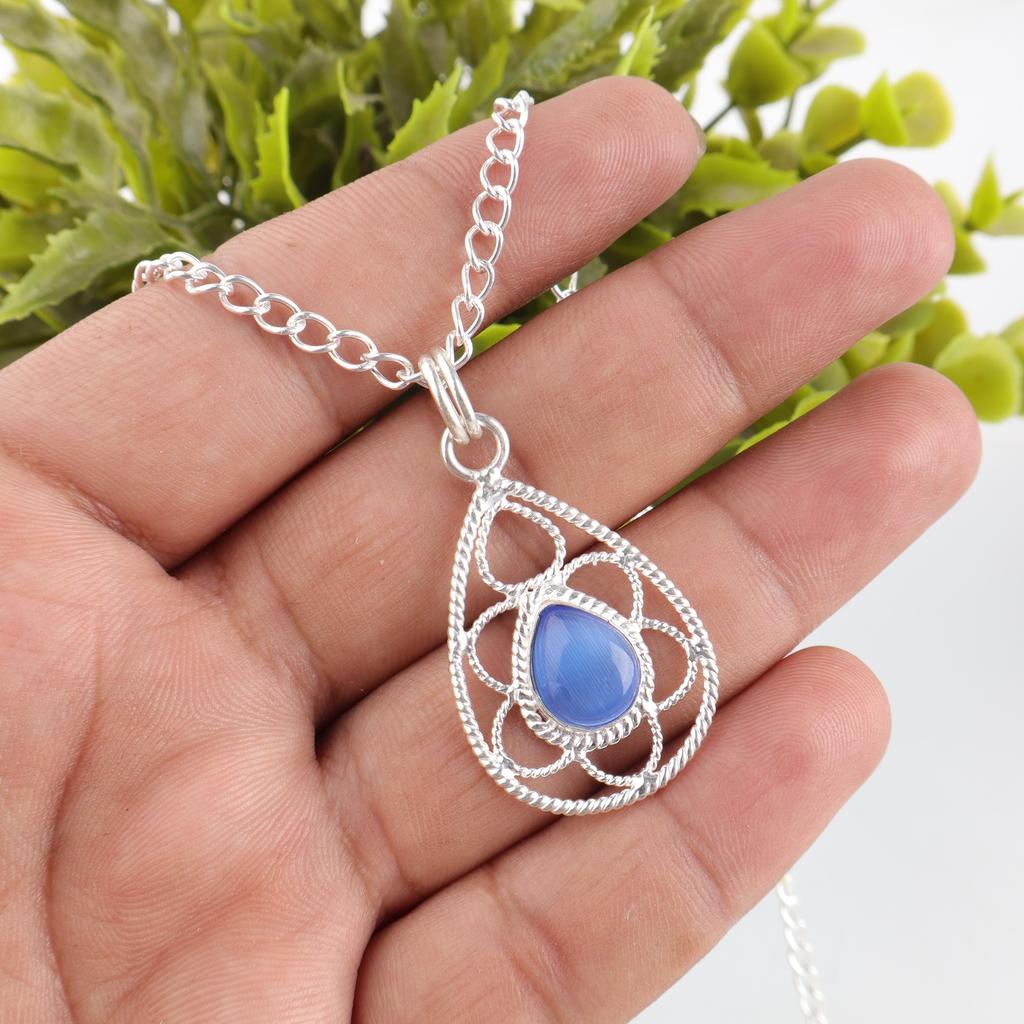 Dark Blue Cat's Eye Gemstone Pendant, 925 Solid Sterling Silver Jewelry, Handmade Designer Pendant Gift For Sister