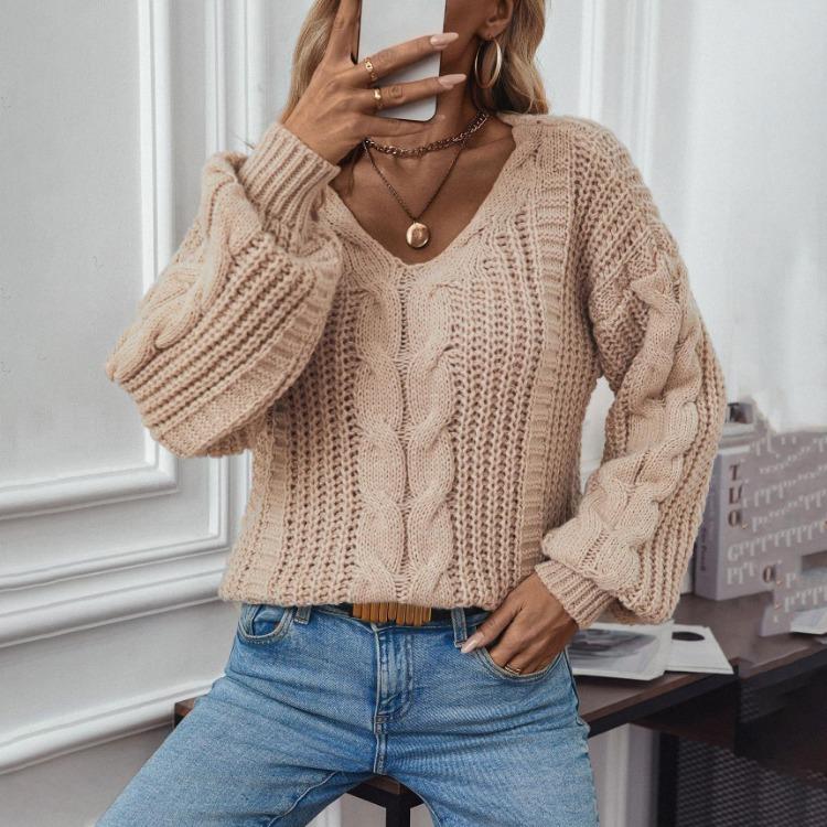 Pulover Tricotat Vintage Larg cu Gât în V și Mâneci Lungi, Culoare Solidă, Toamnă Iarnă