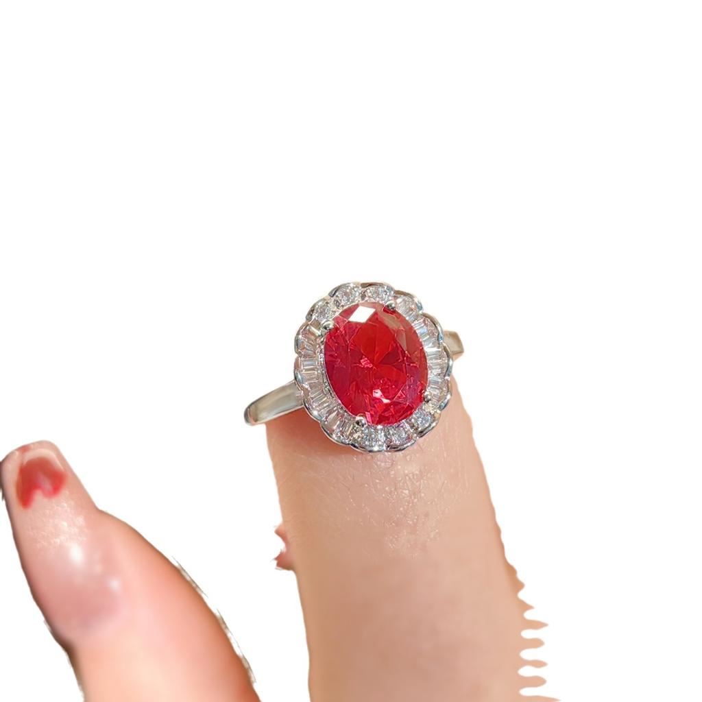Fashion Color Treasure Red Corundum Ring Light Luxury Temperament Versatile Drainage High Carbon Diamond Women'S Ring