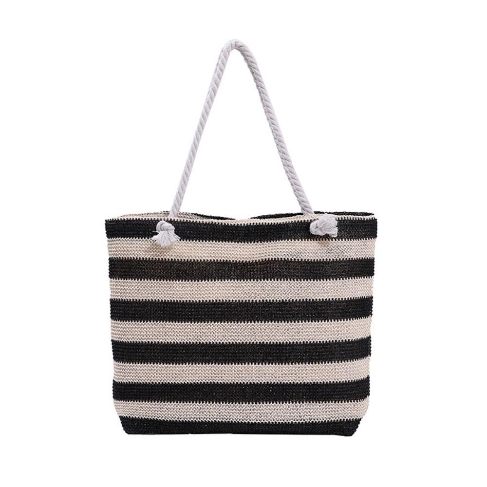 Striped Beach Tote Bag Straw Foldable Shoulder Bag Zipper Large Capacity Travel Handbag For Travel Work Beach Gym Store