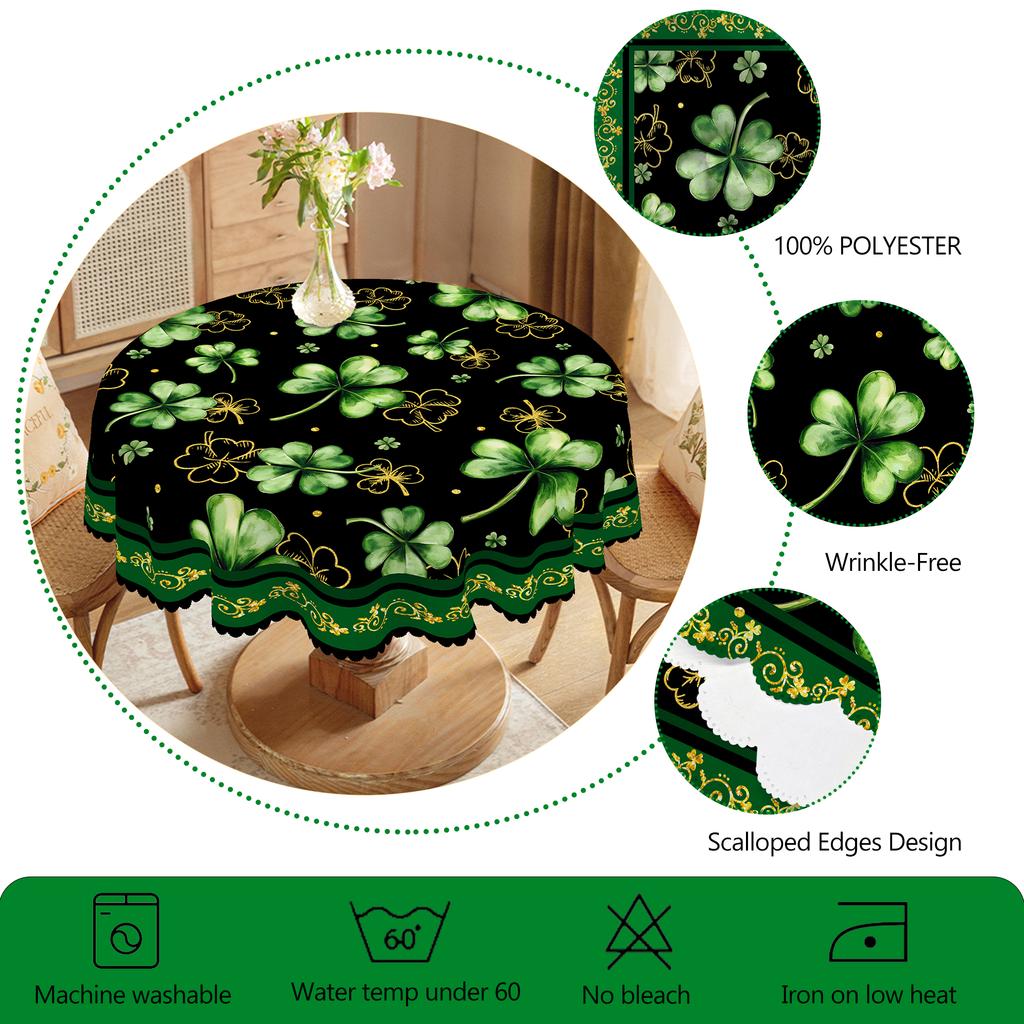 1 Piece Of Clover Green Round Tablecloth, 5 Sizes Available, St. Patrick'S Day Clover Pattern Printed Tablecloth, Edge Embossing Process, Spring Garde
