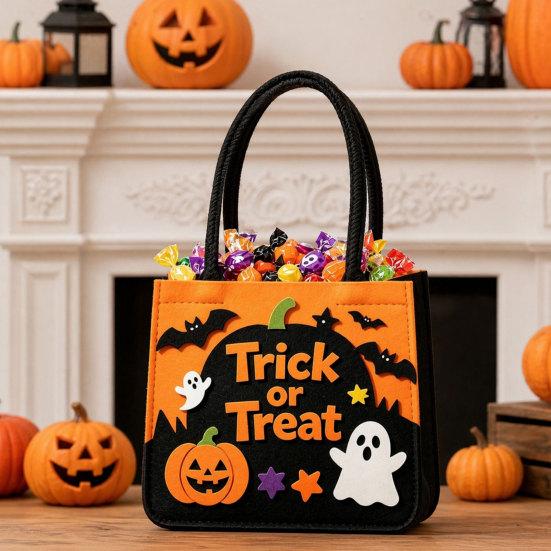 Ghost And Bat Candy Bag Halloween Trick or Treat Bag, Felt Goodie with Pumpkin Patches, Tote Large for Kids, Party Favor, Haunted House Decor Stiff