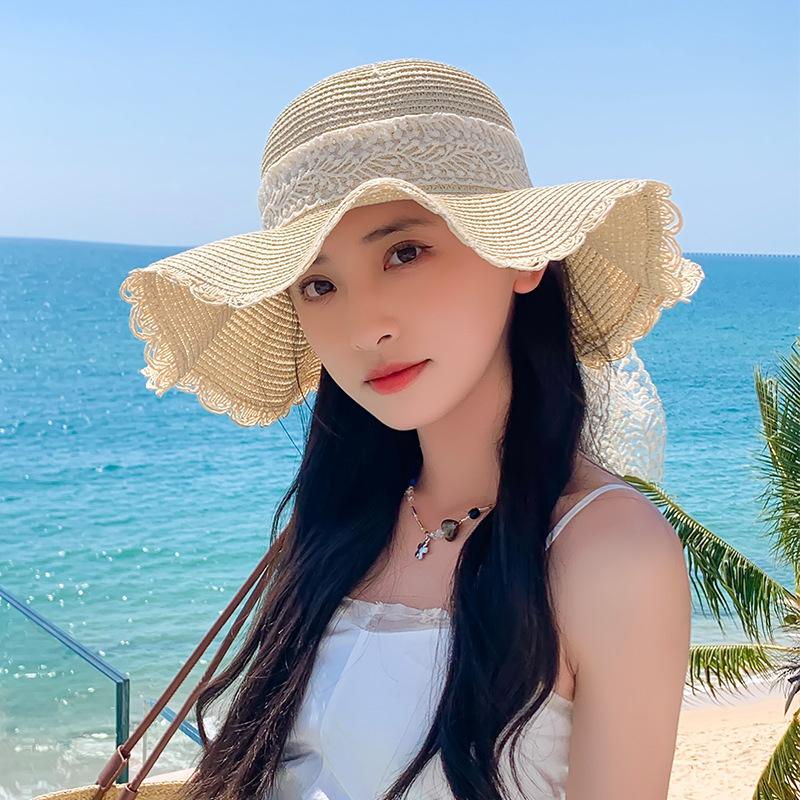 Korean Version, Lace Bow, Large Brim, Straw Hat, Women's, Summer, Breathable Sunshade, Sun Protection Beach Hat, Sweet Fisherman Hat