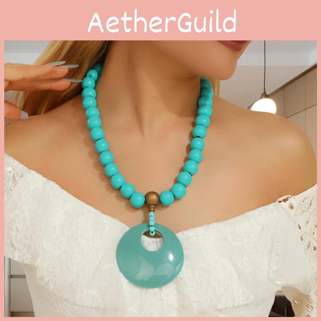 Wooden Beaded Summer Necklace Women Stretch Chain Geometric Pendant Decoration