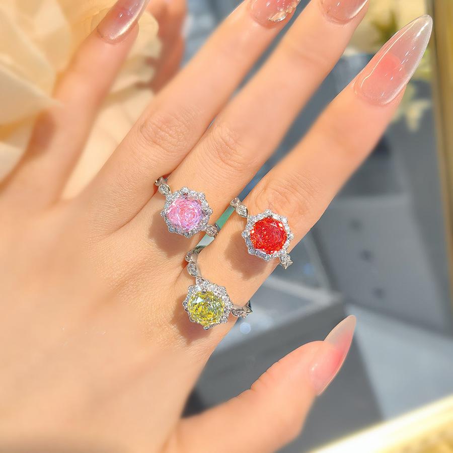 Fashion Light Luxury Star Anise Rose Pink Diamond Ring Niche Design Sense Simple High Carbon Diamond Yellow Zircon Women'S Ring