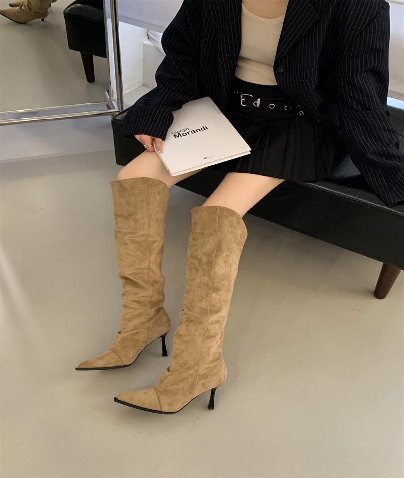 

High-heeled French pointed but knee boots women s boots autumn and winter 2025 new suede sleeve pleated pile boots 39 хаки