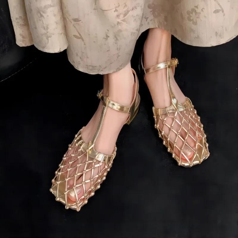 2026 Women Summer European and American Comfortable Leather Cowhide Hollow Bird's Nest Low Heel Baotou Large Size Roman Sandals