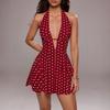 Women's Sleeveless V Neck Polka Dot Print Backless Short Dress Halter Neck Summer Casual Mini Dress