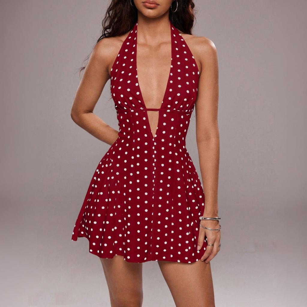 Women's Sleeveless V Neck Polka Dot Print Backless Short Dress Halter Neck Summer Casual Mini Dress