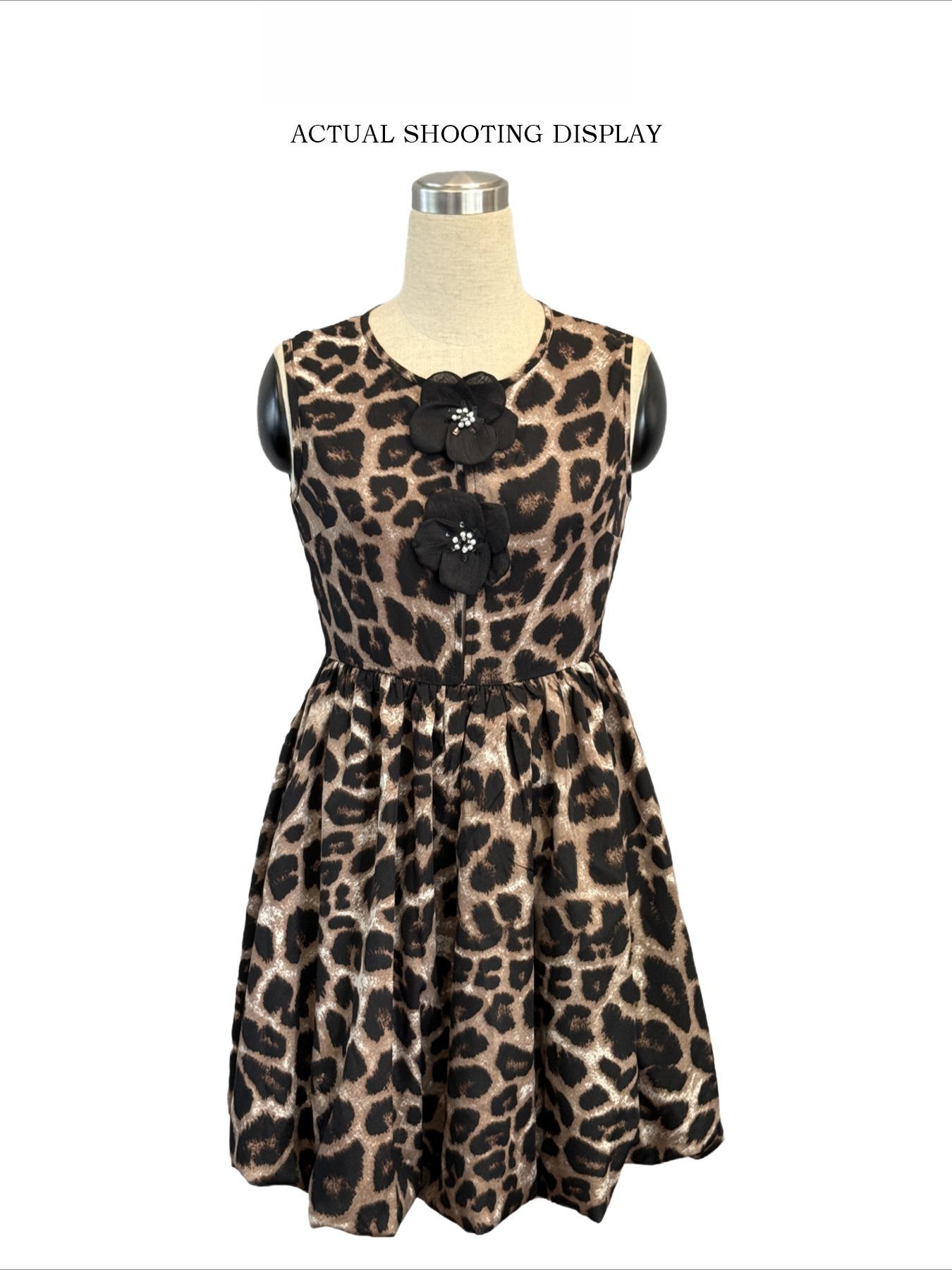 Women Leopard Print 3D Floral Decor Dress Summer Women Mature Style French Retro Patchwork Slim Sexy Elegant Women Maxi Dress S