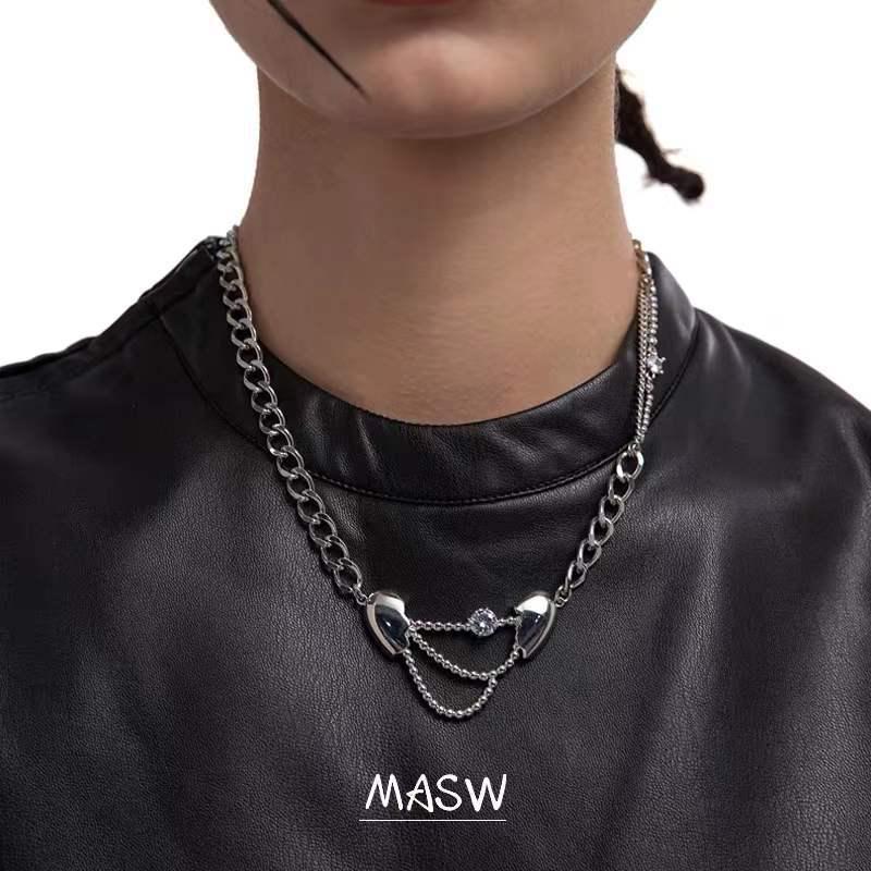 Double Layered Round Pendant Clavicle Necklace - European & American Hip Hop Punk Style, Colorfast, Unisex. Electroplated