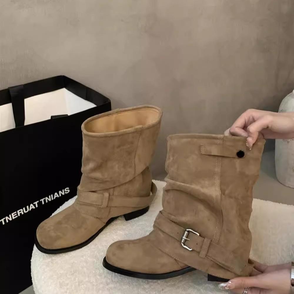 Leather Western Cowboy Boots Women's 2025 Autumn New Pleated Stacking Boots Black Short Boots Retro Thick Heel Knight Boots