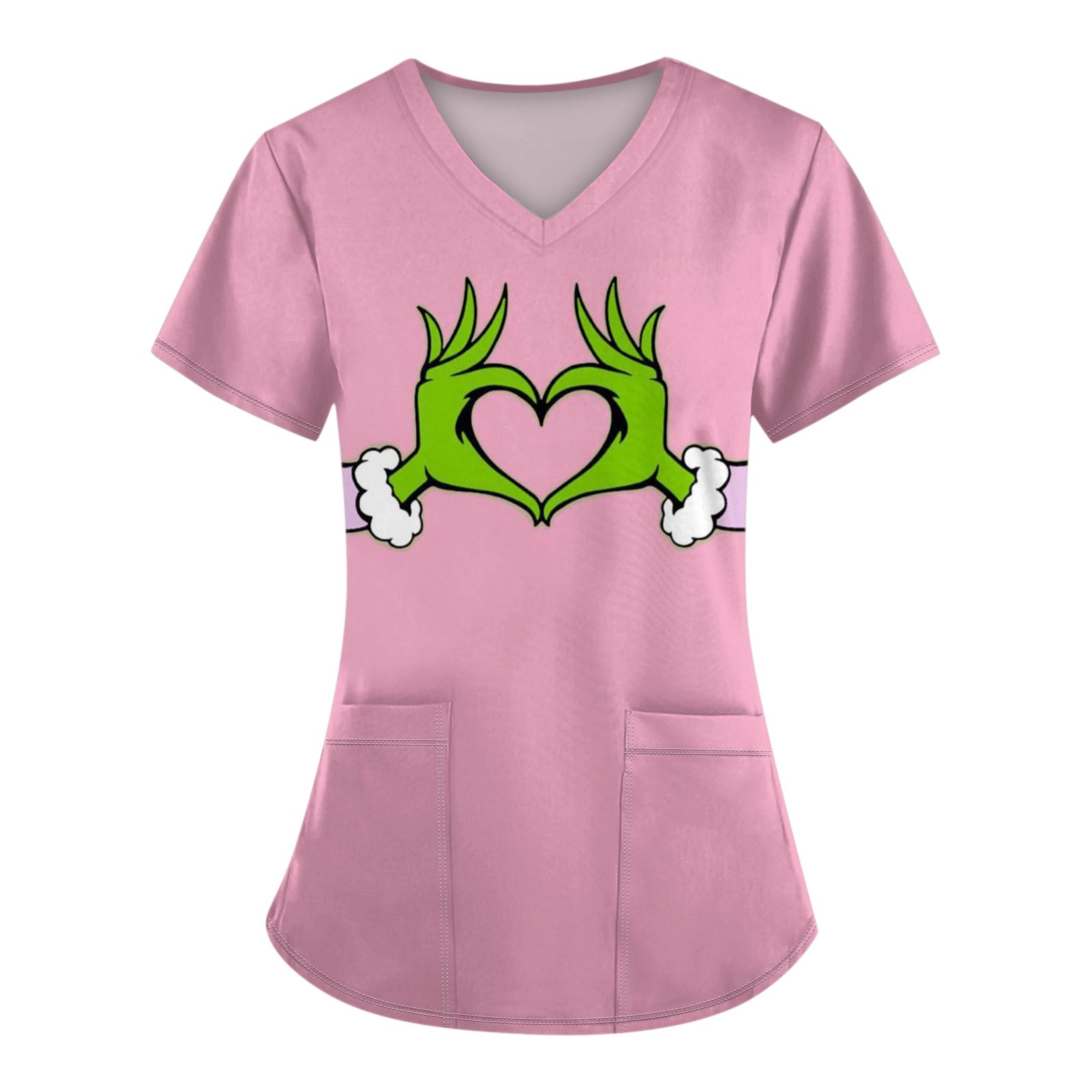 

Женские модные топы с короткими рукавами и V-образным вырезом с принтом, рабочие футболки с карманами M розовый