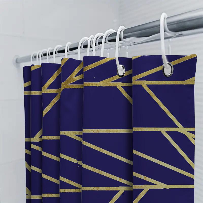 Modern Geometric Shower Curtain Bold Navy Blue Gold Stripes Polyester Fabric 72X84 In For Bathroom Decorations
