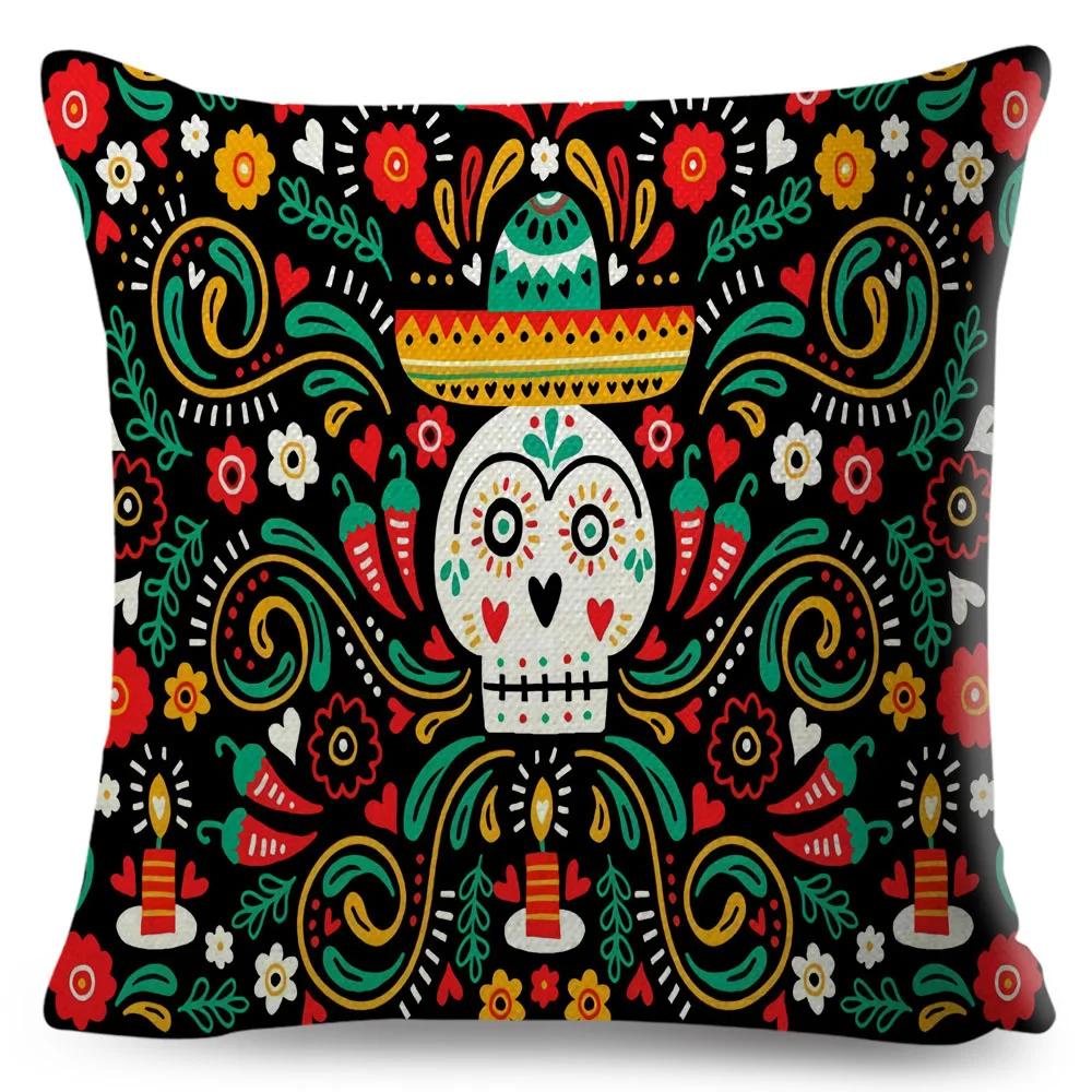 Day Of The Dead Pillowcase Decor Cartoon Mexico Flower Skull Print Cushion Cover for Sofa Home Polyester Pillow Case 45x45cm