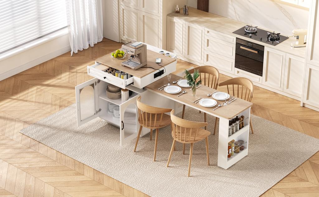 Isola da cucina con rotelle, tavolo da pranzo estensibile, tavolo da bar con prese elettriche, funge da credenza o madia per cucina e sala da pranzo (bianca)
