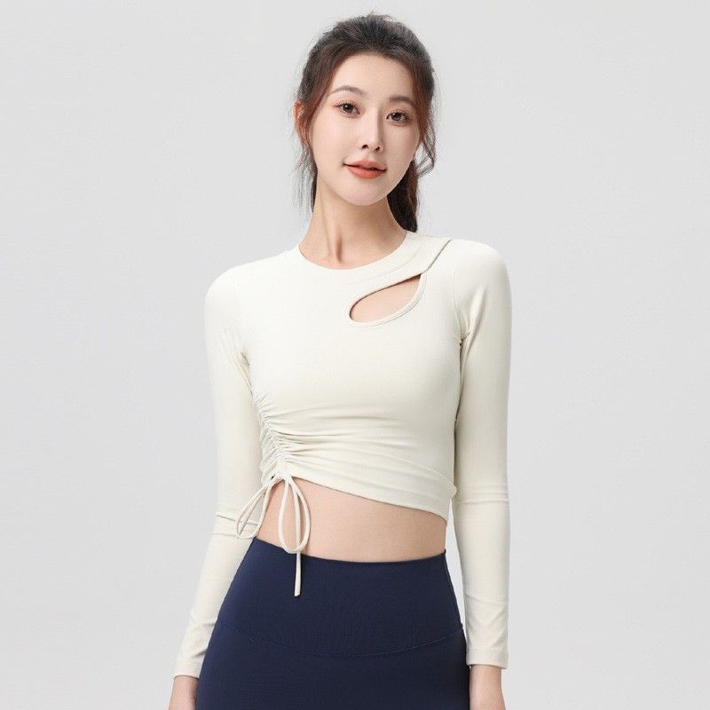 

Бесшовное нижнее белье Спортивная одежда для йоги на кулиске Топы с длинными рукавами Женская облегающая и быстросохнущая одежда для тренировок с нагрудными вкладышами Топы для упражнений с длинными рукавами Ivory White L