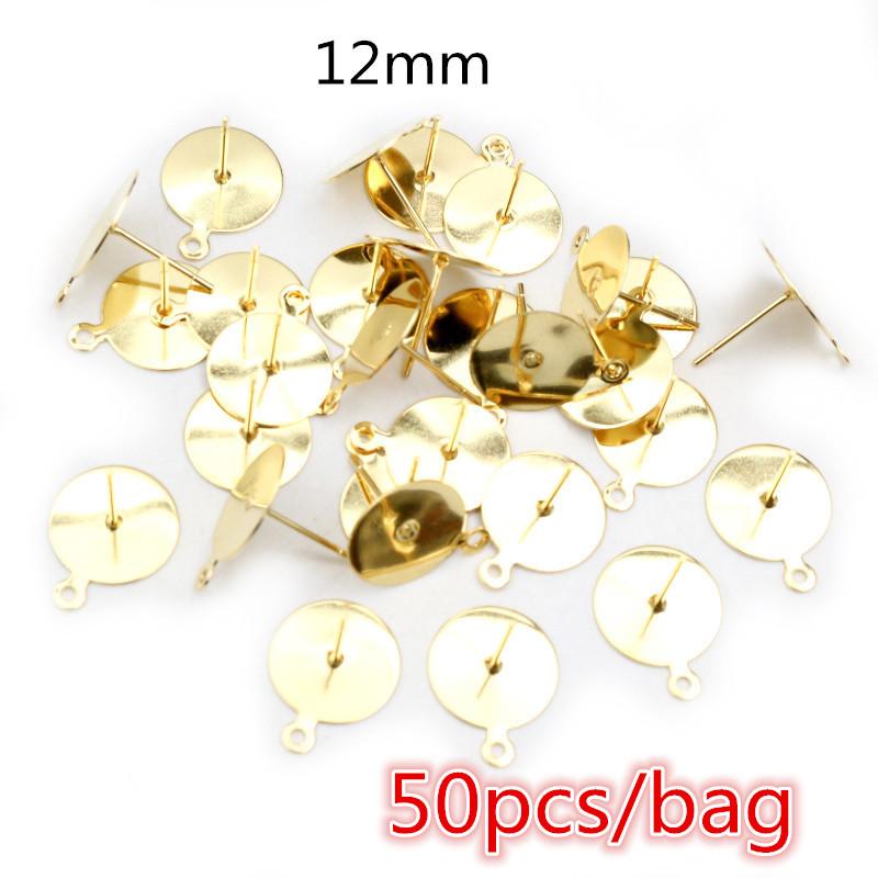50-100pcs/lot No Fade Stainless Steel Gold Color Blank Earring Stud Fit 4 5 6 8 10 12mm Cabochon Cameo Settings Accessories DIY