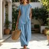 Yousheng Women's Summer Casual 2 Piece Sets, Buttons Short Sleeve Top And Wide Leg Pants Matching Sets, Asymmetrical Hem Vacation Lounge