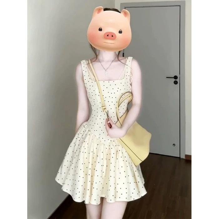 French polka dot square neck suspender dress, new summer models, early summer wear, puffy waist and thin skirt S
