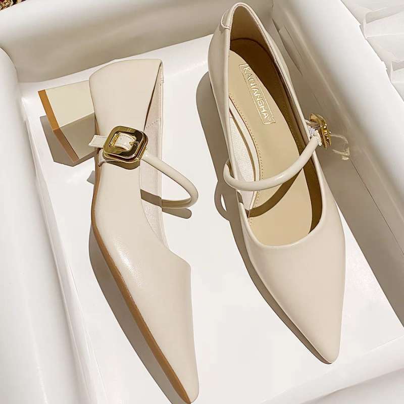 Xiaoxiangfeng Mary Jane thick-heeled single shoes women's 2025 new pointed French retro soft leather one-word with high heels